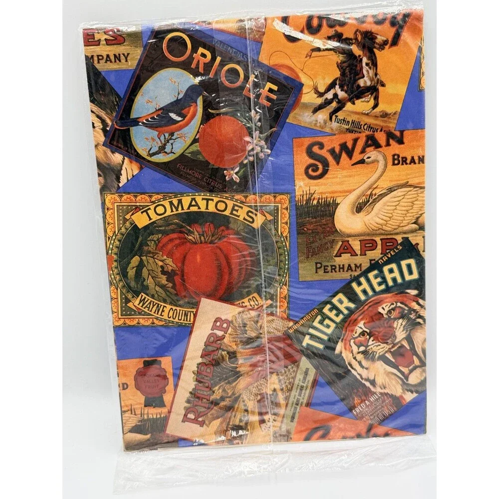 Gibson Vintage Style Fruit Crate Label Collage Gift Wrap Paper 2 Sheets 20